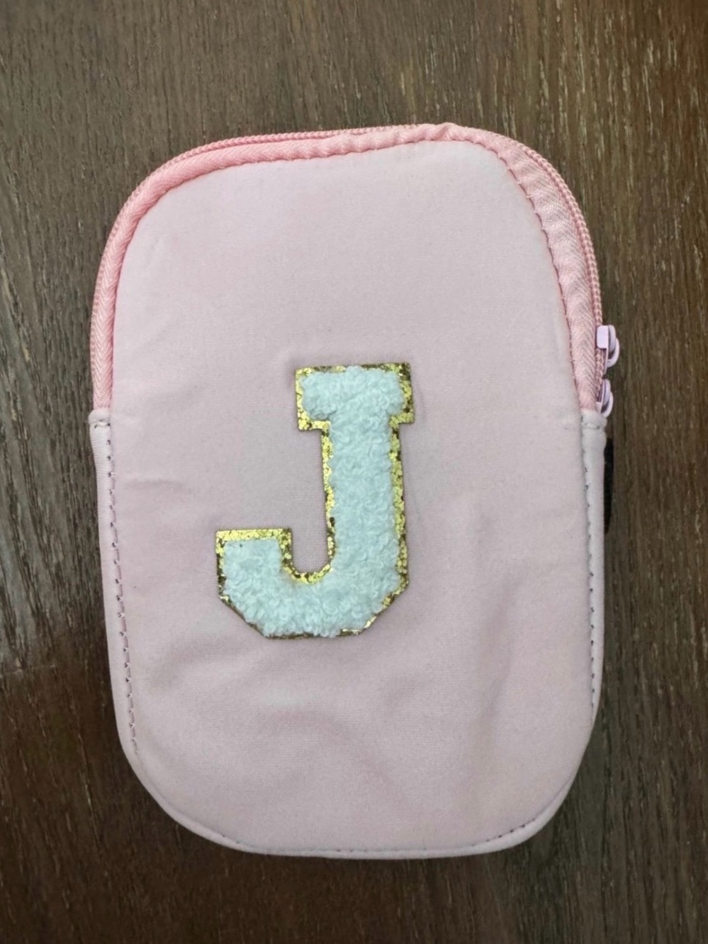 Personalized Pink Kids Accessory Pouch with 'J' Initial - adjustable strap.